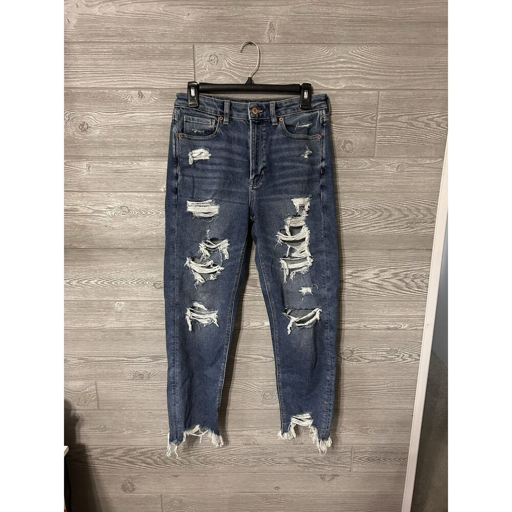 American‎ Eagle Mom Jean Straight Distressed Raw Hem Med Wash Sz 6R (28x27)